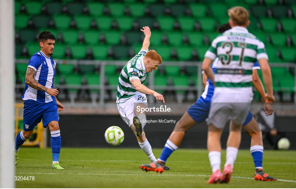 31 July 2025; Rory Gaffney of Shamrock Rovers has a shot on goal during the UEFA Conference League Second Qualifying Round second leg match between Shamrock Rovers and St Joseph's at Tallaght Stadium in Dublin. Photo by Stephen McCarthy/Sportsfile