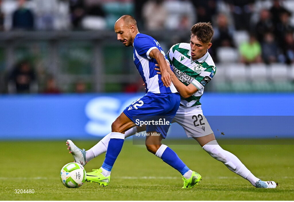 31 July 2025; Angel Martinez of St Joseph's in action against Cian Barrett of Shamrock Rovers during the UEFA Conference League Second Qualifying Round second leg match between Shamrock Rovers and St Joseph's at Tallaght Stadium in Dublin. Photo by Tyler Miller/Sportsfile