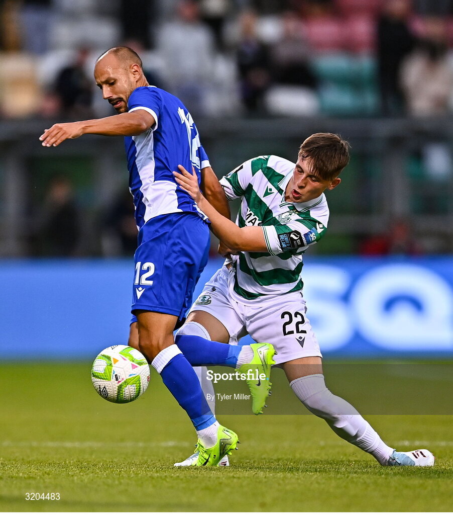 31 July 2025; Angel Martinez of St Joseph's in action against Cian Barrett of Shamrock Rovers during the UEFA Conference League Second Qualifying Round second leg match between Shamrock Rovers and St Joseph's at Tallaght Stadium in Dublin. Photo by Tyler Miller/Sportsfile