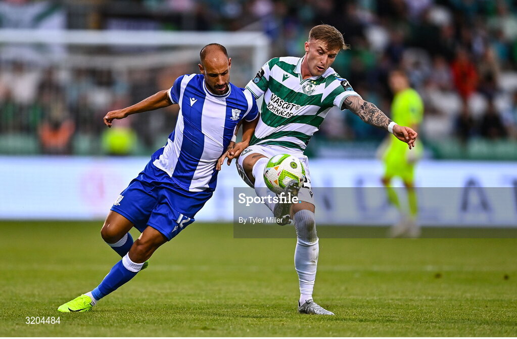 31 July 2025; Danny Grant of Shamrock Rovers in action against Angel Martinez of St Joseph's during the UEFA Conference League Second Qualifying Round second leg match between Shamrock Rovers and St Joseph's at Tallaght Stadium in Dublin. Photo by Tyler Miller/Sportsfile