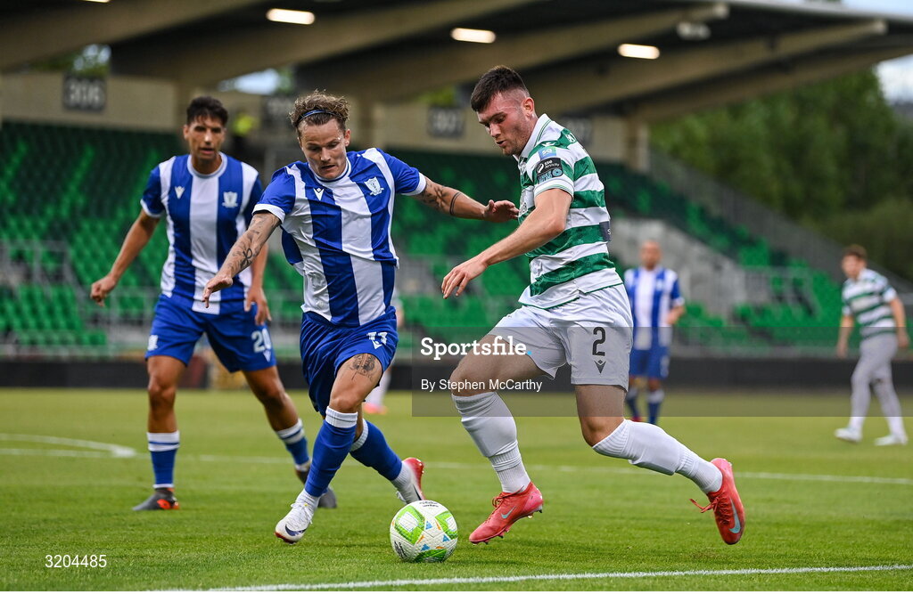 31 July 2025; Josh Honohan of Shamrock Rovers in action against Leon Volz of St Joseph's during the UEFA Conference League Second Qualifying Round second leg match between Shamrock Rovers and St Joseph's at Tallaght Stadium in Dublin. Photo by Stephen McCarthy/Sportsfile