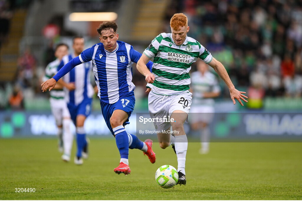 31 July 2025; Rory Gaffney of Shamrock Rovers in action against Mitch Santos of St Joseph's during the UEFA Conference League Second Qualifying Round second leg match between Shamrock Rovers and St Joseph's at Tallaght Stadium in Dublin. Photo by Stephen McCarthy/Sportsfile