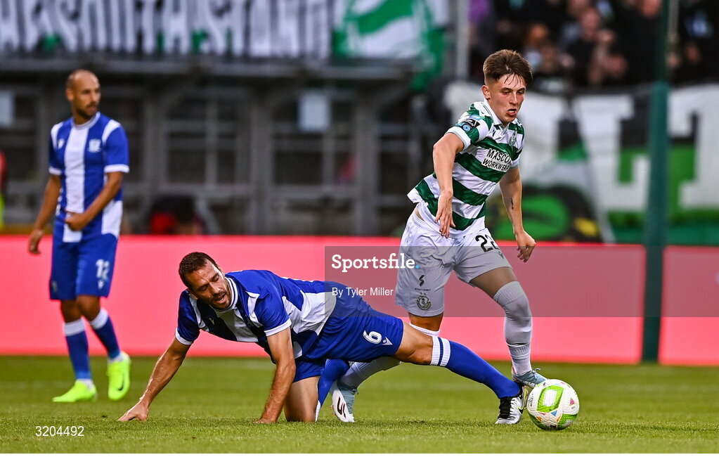 31 July 2025; Cian Barrett of Shamrock Rovers in action against Manuel Sánchez of St Joseph's during the UEFA Conference League Second Qualifying Round second leg match between Shamrock Rovers and St Joseph's at Tallaght Stadium in Dublin. Photo by Tyler Miller/Sportsfile