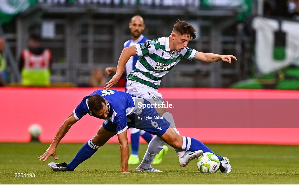31 July 2025; Cian Barrett of Shamrock Rovers in action against Manuel Sánchez of St Joseph's during the UEFA Conference League Second Qualifying Round second leg match between Shamrock Rovers and St Joseph's at Tallaght Stadium in Dublin. Photo by Tyler Miller/Sportsfile