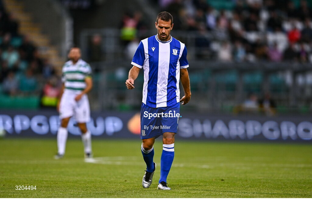 31 July 2025; Manuel Sánchez of St Joseph's reacts during the UEFA Conference League Second Qualifying Round second leg match between Shamrock Rovers and St Joseph's at Tallaght Stadium in Dublin. Photo by Tyler Miller/Sportsfile
