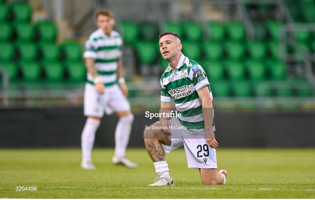 31 July 2025; Jack Byrne of Shamrock Rovers reacts after a missed opportunity on goal during the UEFA Conference League Second Qualifying Round second leg match between Shamrock Rovers and St Joseph's at Tallaght Stadium in Dublin. Photo by Stephen McCarthy/Sportsfile