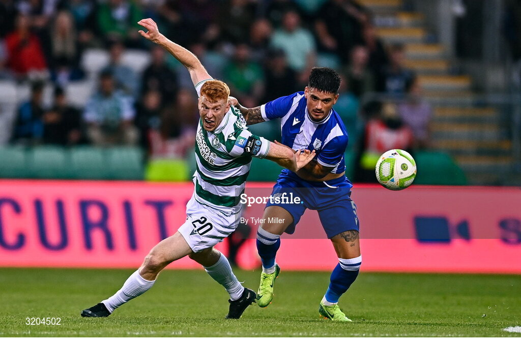 31 July 2025; Rory Gaffney of Shamrock Rovers in action against Geovanni Barba of St Joseph's during the UEFA Conference League Second Qualifying Round second leg match between Shamrock Rovers and St Joseph's at Tallaght Stadium in Dublin. Photo by Tyler Miller/Sportsfile