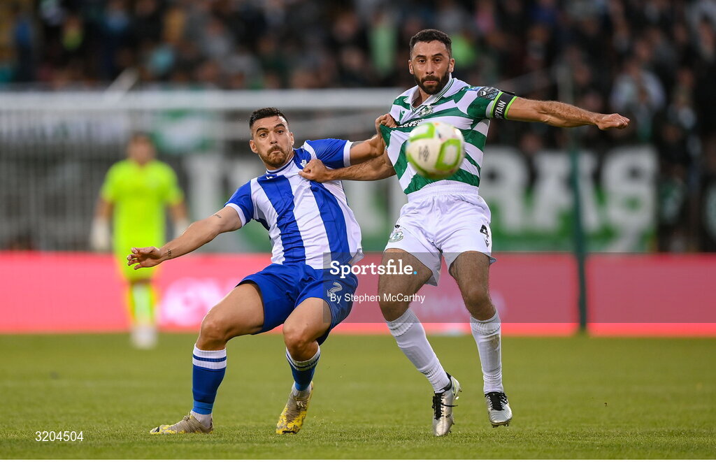 31 July 2025; Roberto Lopes of Shamrock Rovers is tackled by Javi Forján of St Joseph's during the UEFA Conference League Second Qualifying Round second leg match between Shamrock Rovers and St Joseph's at Tallaght Stadium in Dublin. Photo by Stephen McCarthy/Sportsfile