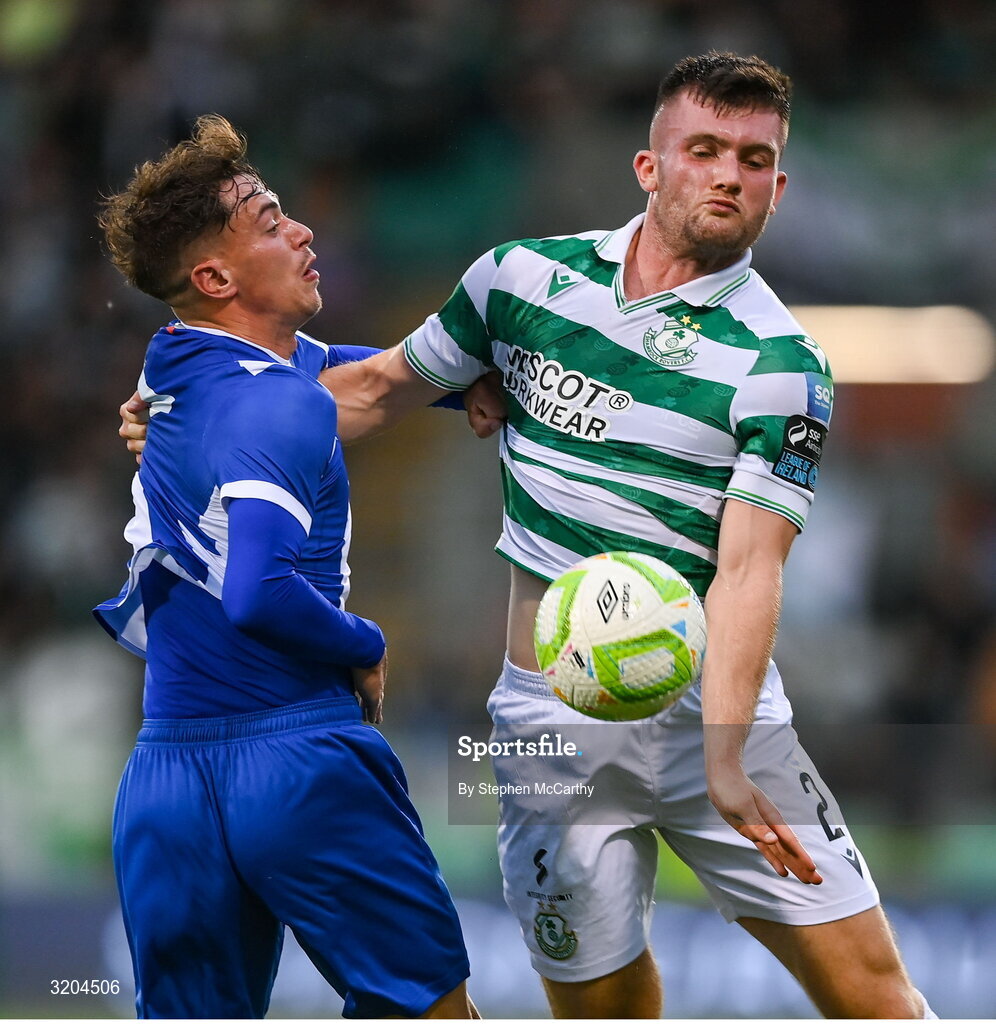 31 July 2025; Josh Honohan of Shamrock Rovers in action against Mitch Santos of St Joseph's during the UEFA Conference League Second Qualifying Round second leg match between Shamrock Rovers and St Joseph's at Tallaght Stadium in Dublin. Photo by Stephen McCarthy/Sportsfile
