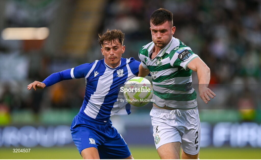 31 July 2025; Josh Honohan of Shamrock Rovers in action against Mitch Santos of St Joseph's during the UEFA Conference League Second Qualifying Round second leg match between Shamrock Rovers and St Joseph's at Tallaght Stadium in Dublin. Photo by Stephen McCarthy/Sportsfile