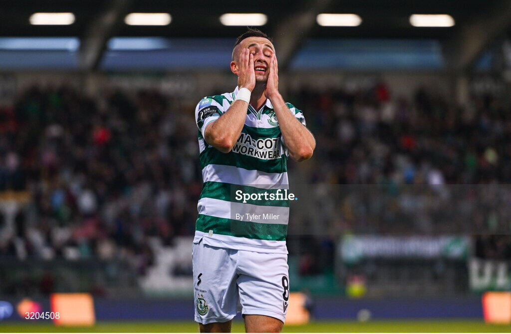 31 July 2025; Aaron McEneff of Shamrock Rovers reacts during the UEFA Conference League Second Qualifying Round second leg match between Shamrock Rovers and St Joseph's at Tallaght Stadium in Dublin. Photo by Tyler Miller/Sportsfile