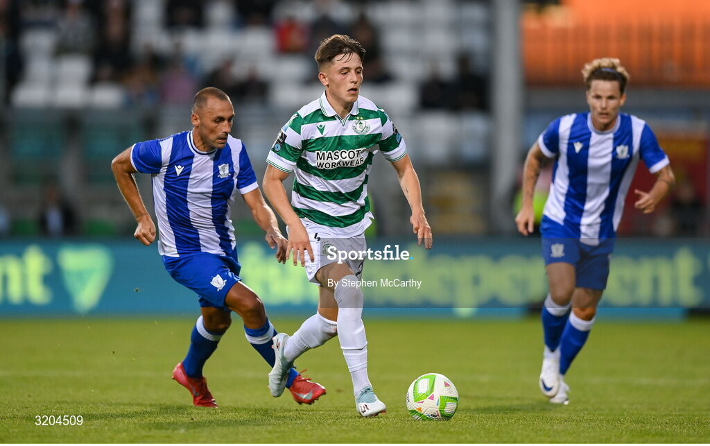 31 July 2025; Cian Barrett of Shamrock Rovers in action against Angel Martinez of St Joseph's during the UEFA Conference League Second Qualifying Round second leg match between Shamrock Rovers and St Joseph's at Tallaght Stadium in Dublin. Photo by Stephen McCarthy/Sportsfile