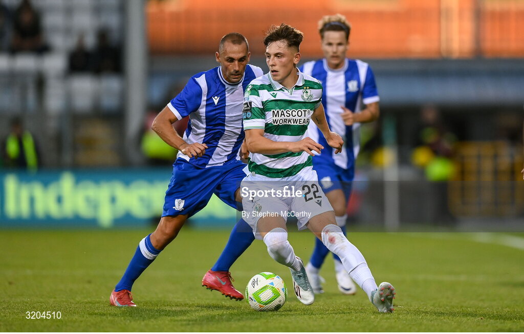 31 July 2025; Cian Barrett of Shamrock Rovers in action against Angel Martinez of St Joseph's during the UEFA Conference League Second Qualifying Round second leg match between Shamrock Rovers and St Joseph's at Tallaght Stadium in Dublin. Photo by Stephen McCarthy/Sportsfile