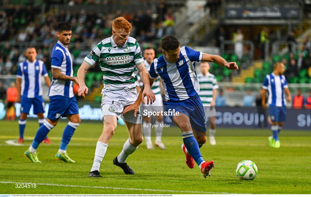 31 July 2025; Jayce Olivero of St Joseph's in action against Rory Gaffney of Shamrock Rovers during the UEFA Conference League Second Qualifying Round second leg match between Shamrock Rovers and St Joseph's at Tallaght Stadium in Dublin. Photo by Tyler Miller/Sportsfile