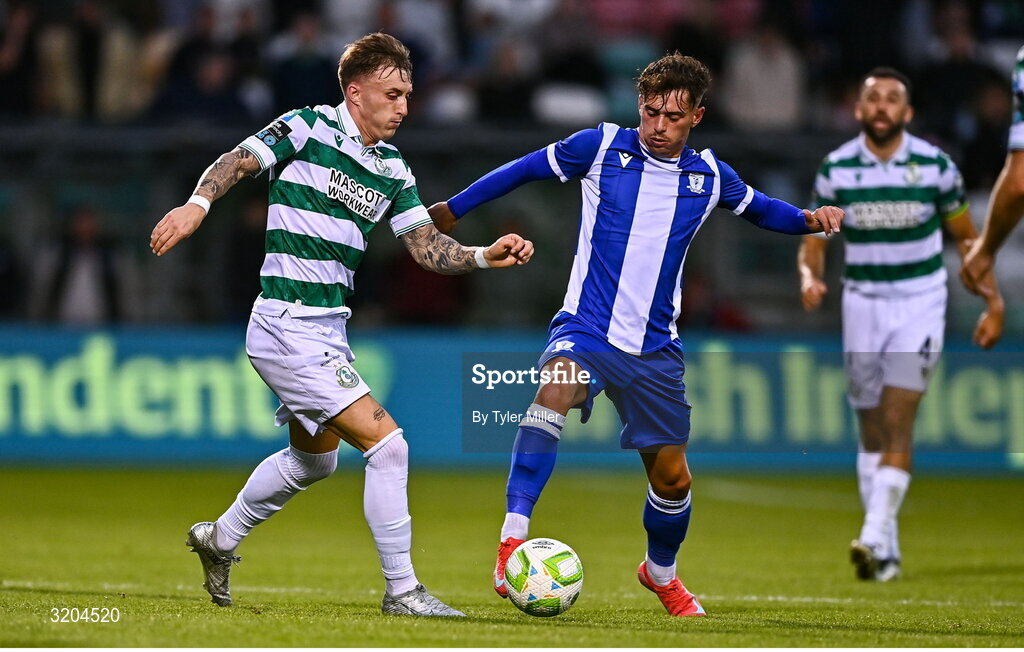 31 July 2025; Danny Grant of Shamrock Rovers in action against Mitch Santos of St Joseph's during the UEFA Conference League Second Qualifying Round second leg match between Shamrock Rovers and St Joseph's at Tallaght Stadium in Dublin. Photo by Tyler Miller/Sportsfile