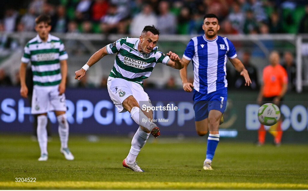 31 July 2025; Aaron McEneff of Shamrock Rovers has a shot on goal during the UEFA Conference League Second Qualifying Round second leg match between Shamrock Rovers and St Joseph's at Tallaght Stadium in Dublin. Photo by Tyler Miller/Sportsfile