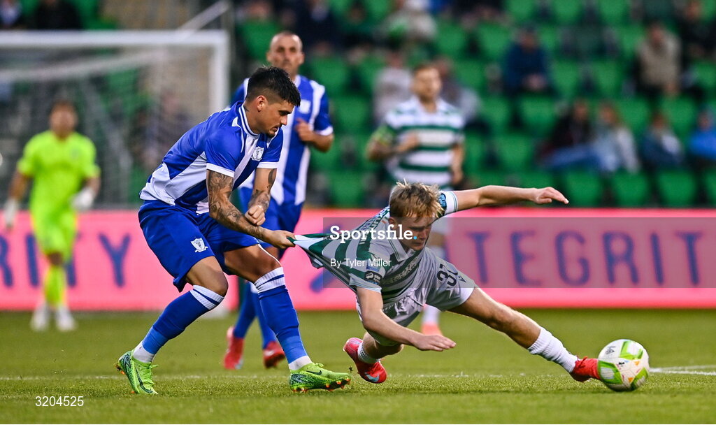 31 July 2025; Michael Noonan of Shamrock Rovers is tackled by Geovanni Barba of St Joseph's during the UEFA Conference League Second Qualifying Round second leg match between Shamrock Rovers and St Joseph's at Tallaght Stadium in Dublin. Photo by Tyler Miller/Sportsfile