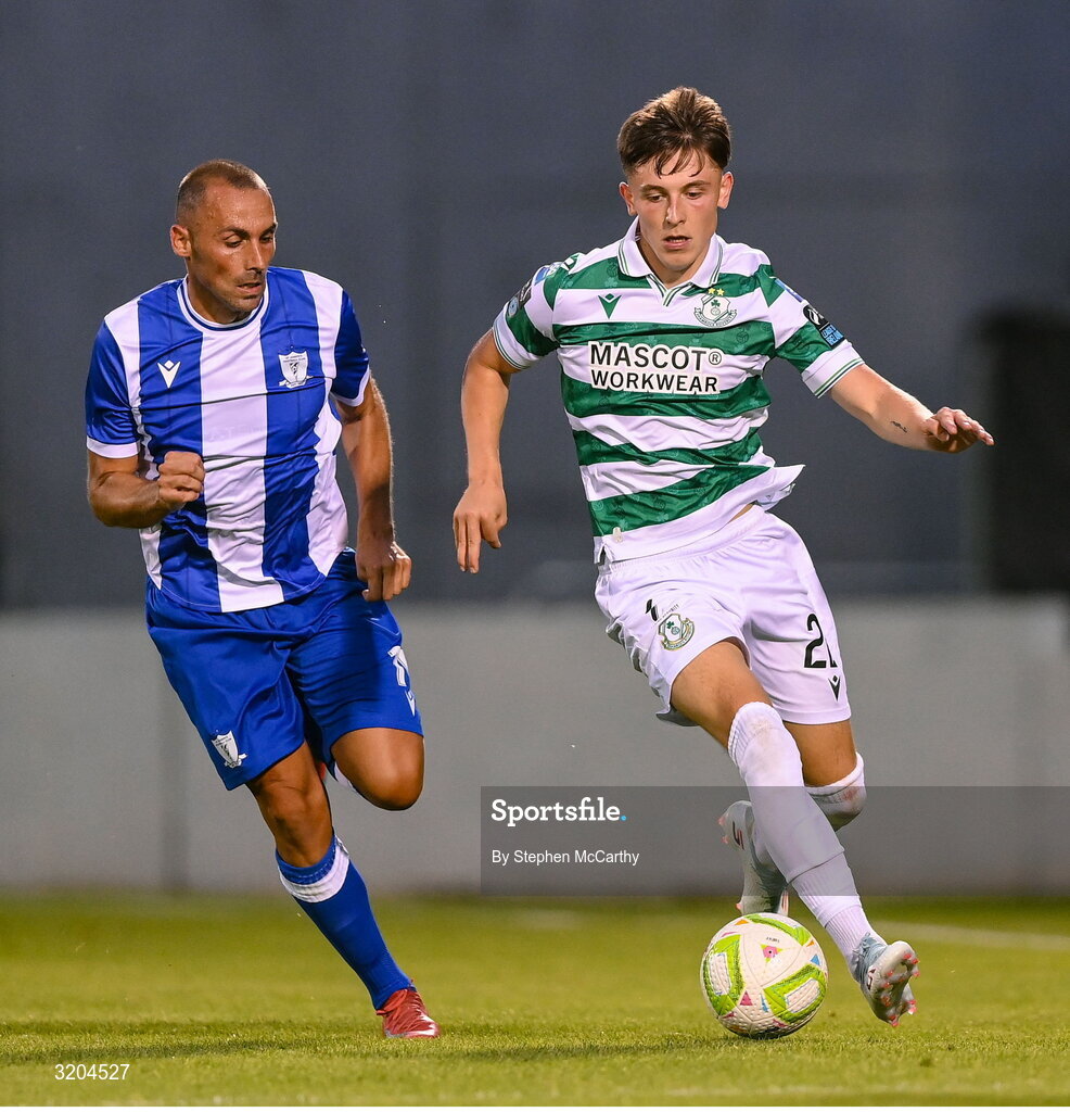 31 July 2025; Cian Barrett of Shamrock Rovers in action against Juan Pena of St Joseph's during the UEFA Conference League Second Qualifying Round second leg match between Shamrock Rovers and St Joseph's at Tallaght Stadium in Dublin. Photo by Stephen McCarthy/Sportsfile