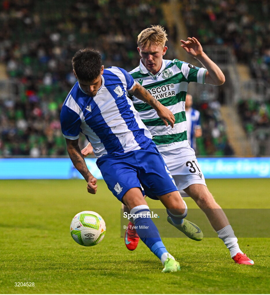 31 July 2025; Geovanni Barba of St Joseph's in action against Michael Noonan of Shamrock Rovers during the UEFA Conference League Second Qualifying Round second leg match between Shamrock Rovers and St Joseph's at Tallaght Stadium in Dublin. Photo by Tyler Miller/Sportsfile