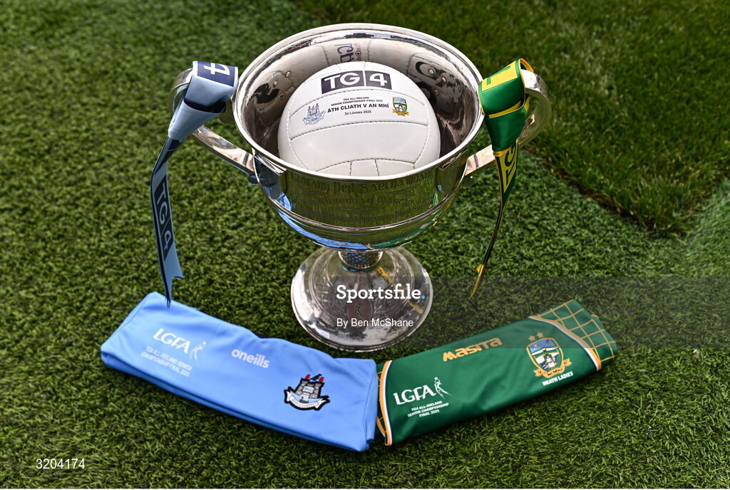 1 August 2025; The Brendan Martin Cup, the official matchday ball and the jerseys that Dublin and Meath will wear in next Sunday’s TG4 All-Ireland Ladies Senior Football Championship Final, pictured at Croke Park, Dublin. Photo by Ben McShane/Sportsfile
