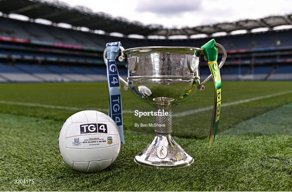 1 August 2025; The Brendan Martin Cup and the official matchday ball for next Sunday’s TG4 All-Ireland Ladies Senior Football Championship Final, pictured at Croke Park, Dublin. Photo by Ben McShane/Sportsfile