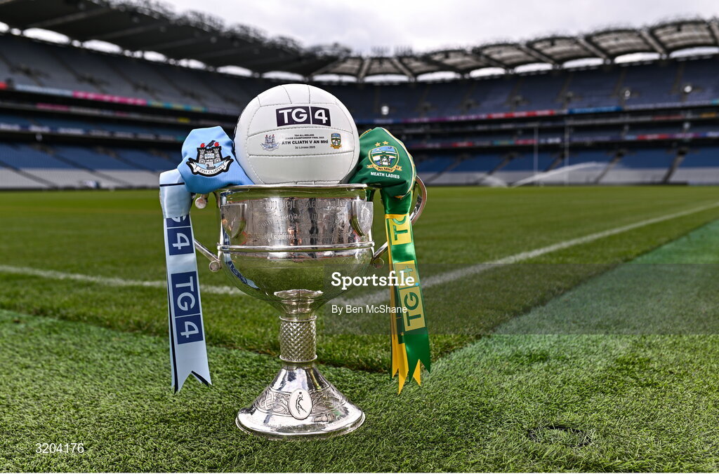 1 August 2025; The Brendan Martin Cup, the official matchday ball and the jerseys that Dublin and Meath will wear in next Sunday’s TG4 All-Ireland Ladies Senior Football Championship Final, pictured at Croke Park, Dublin. Photo by Ben McShane/Sportsfile