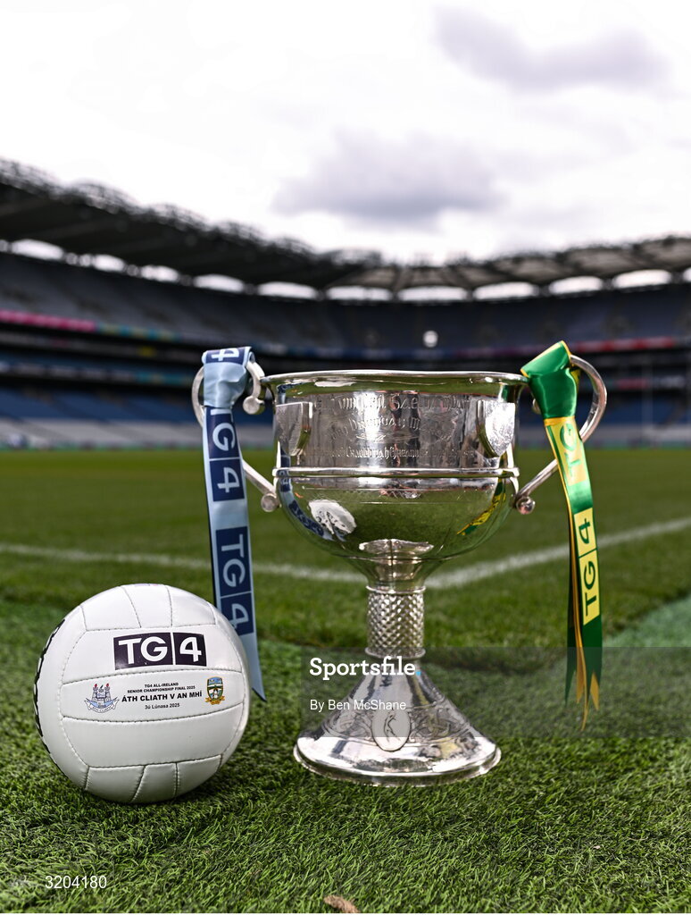 1 August 2025; The Brendan Martin Cup and the official matchday ball for next Sunday’s TG4 All-Ireland Ladies Senior Football Championship Final, pictured at Croke Park, Dublin. Photo by Ben McShane/Sportsfile