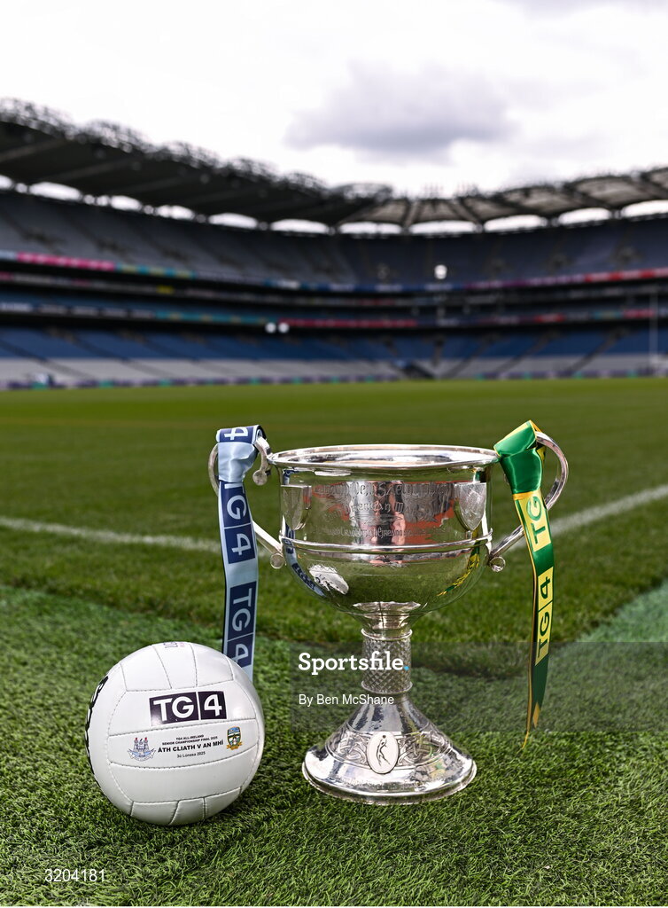 1 August 2025; The Brendan Martin Cup and the official matchday ball for next Sunday’s TG4 All-Ireland Ladies Senior Football Championship Final, pictured at Croke Park, Dublin. Photo by Ben McShane/Sportsfile