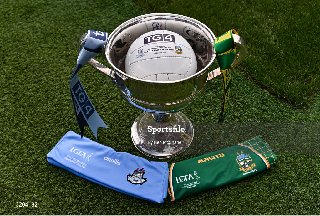 1 August 2025; The Brendan Martin Cup, the official matchday ball and the jerseys that Dublin and Meath will wear in next Sunday’s TG4 All-Ireland Ladies Senior Football Championship Final, pictured at Croke Park, Dublin. Photo by Ben McShane/Sportsfile