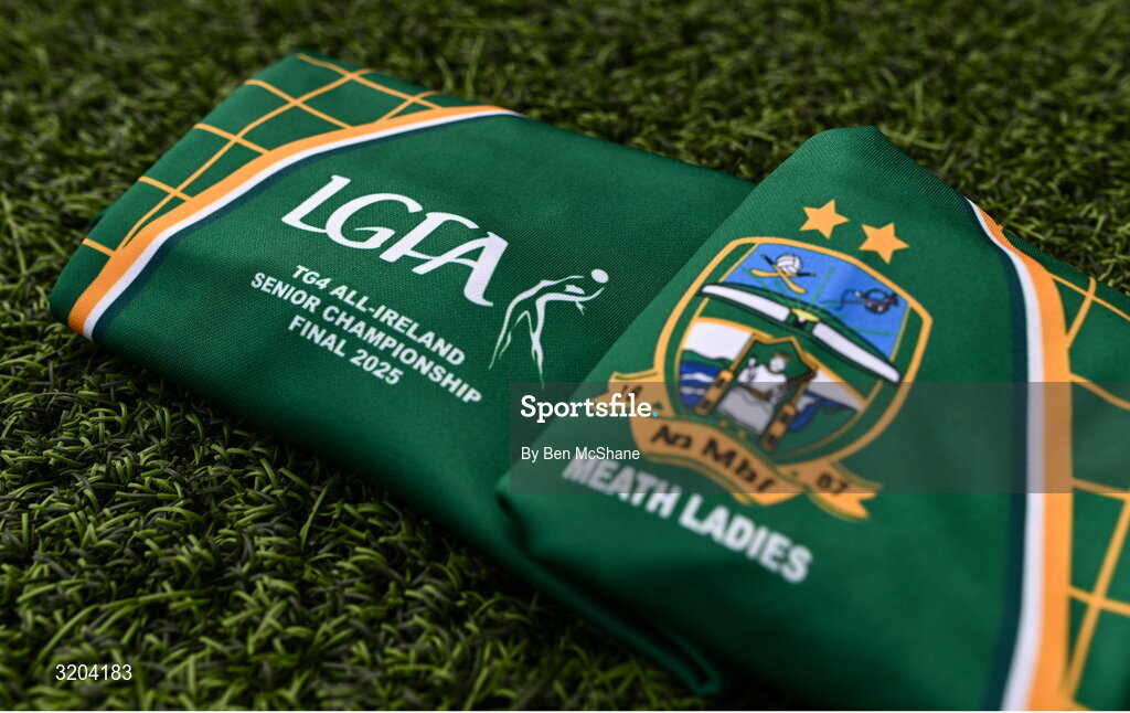 1 August 2025; The match details are seen on the jersey Meath will wear in next Sunday’s TG4 All-Ireland Ladies Senior Football Championship Final, pictured at Croke Park, Dublin. Photo by Ben McShane/Sportsfile