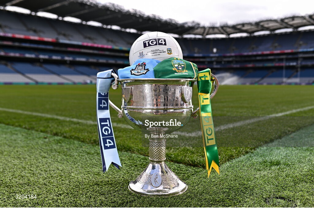 1 August 2025; The Brendan Martin Cup, the official matchday ball and the jerseys that Dublin and Meath will wear in next Sunday’s TG4 All-Ireland Ladies Senior Football Championship Final, pictured at Croke Park, Dublin. Photo by Ben McShane/Sportsfile