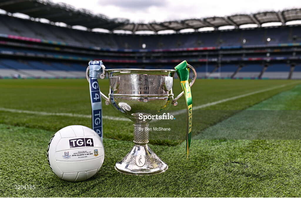 1 August 2025; The Brendan Martin Cup and the official matchday ball for next Sunday’s TG4 All-Ireland Ladies Senior Football Championship Final, pictured at Croke Park, Dublin. Photo by Ben McShane/Sportsfile