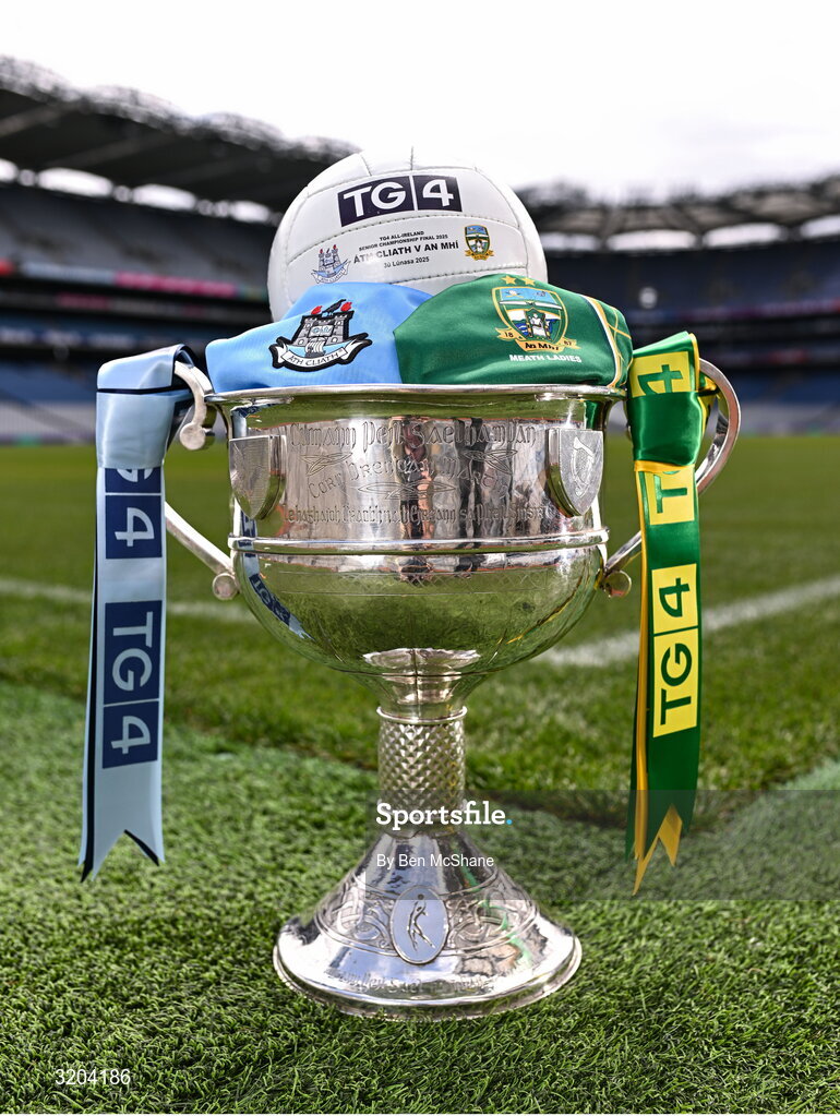 1 August 2025; The Brendan Martin Cup, the official matchday ball and the jerseys that Dublin and Meath will wear in next Sunday’s TG4 All-Ireland Ladies Senior Football Championship Final, pictured at Croke Park, Dublin. Photo by Ben McShane/Sportsfile