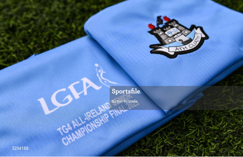 1 August 2025; The match details are seen on the jersey Dublin will wear in next Sunday’s TG4 All-Ireland Ladies Senior Football Championship Final, pictured at Croke Park, Dublin. Photo by Ben McShane/Sportsfile