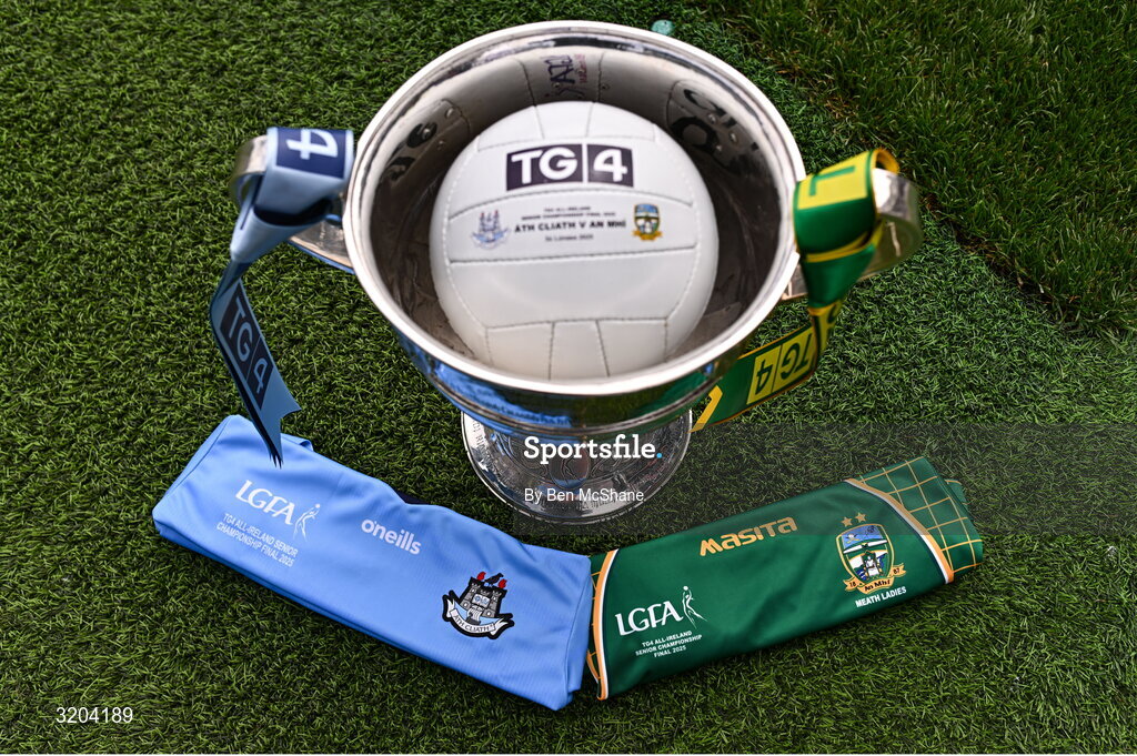 1 August 2025; The Brendan Martin Cup, the official matchday ball and the jerseys that Dublin and Meath will wear in next Sunday’s TG4 All-Ireland Ladies Senior Football Championship Final, pictured at Croke Park, Dublin. Photo by Ben McShane/Sportsfile