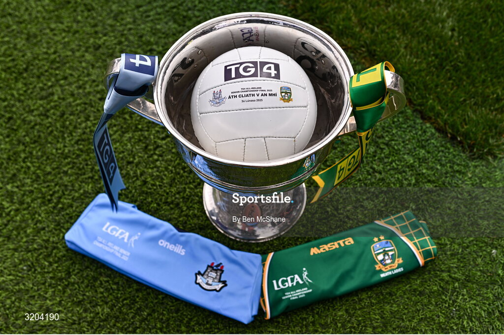 1 August 2025; The Brendan Martin Cup, the official matchday ball and the jerseys that Dublin and Meath will wear in next Sunday’s TG4 All-Ireland Ladies Senior Football Championship Final, pictured at Croke Park, Dublin. Photo by Ben McShane/Sportsfile
