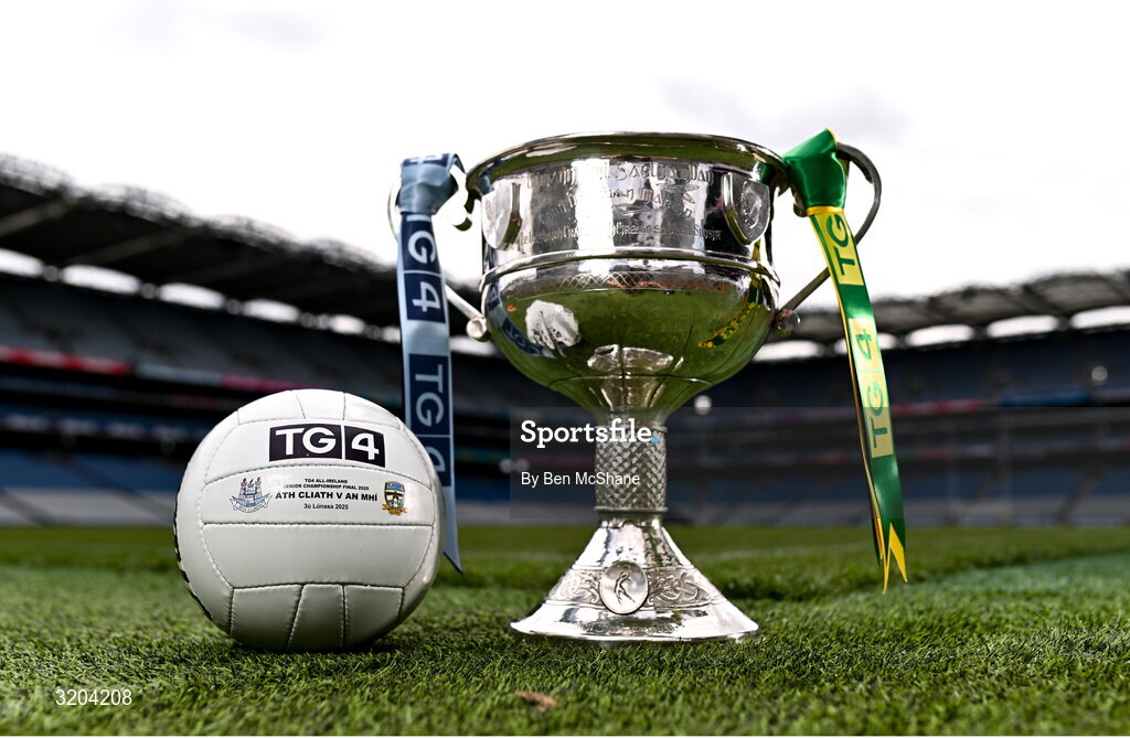 1 August 2025; The Brendan Martin Cup and the official matchday ball for next Sunday’s TG4 All-Ireland Ladies Senior Football Championship Final, pictured at Croke Park, Dublin. Photo by Ben McShane/Sportsfile