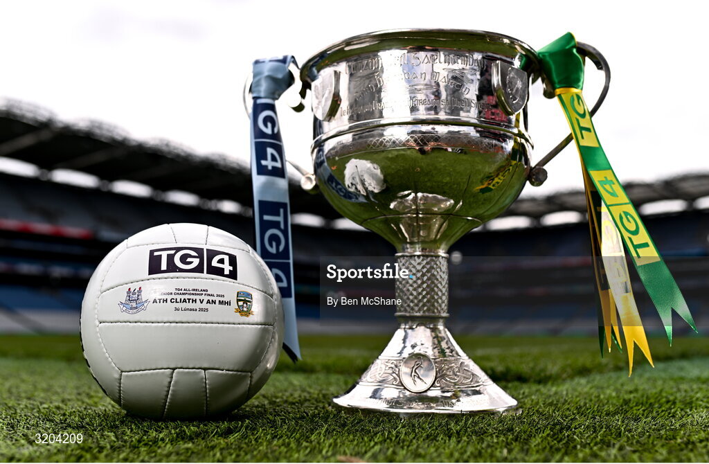 1 August 2025; The Brendan Martin Cup and the official matchday ball for next Sunday’s TG4 All-Ireland Ladies Senior Football Championship Final, pictured at Croke Park, Dublin. Photo by Ben McShane/Sportsfile