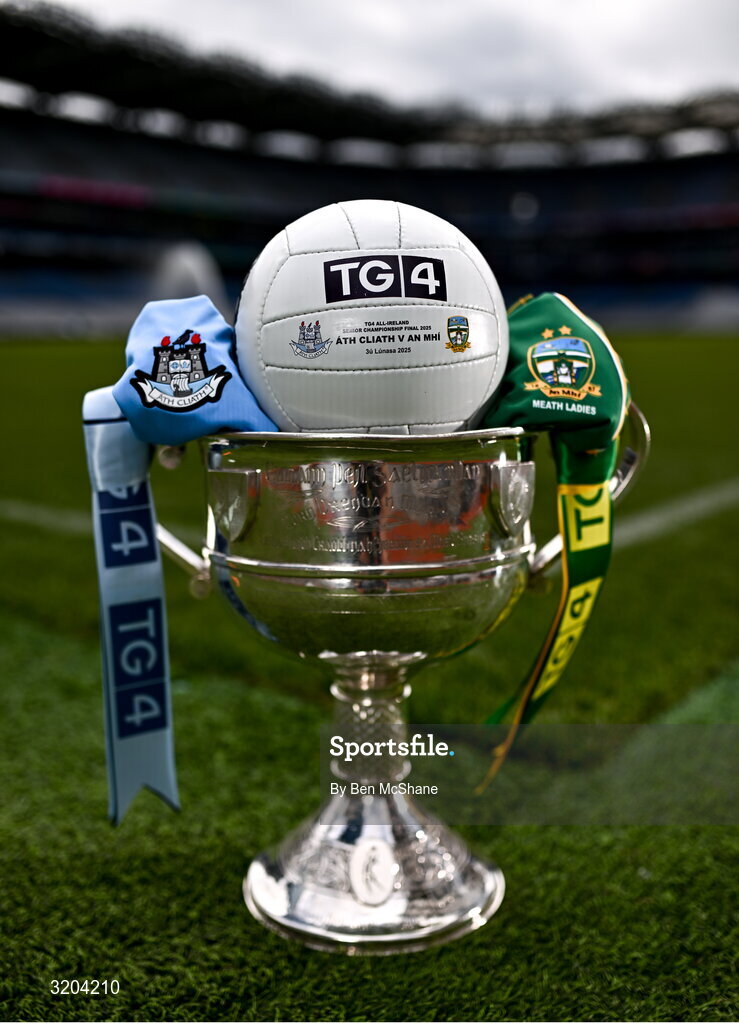 1 August 2025; The Brendan Martin Cup, the official matchday ball and the jerseys that Dublin and Meath will wear in next Sunday’s TG4 All-Ireland Ladies Senior Football Championship Final, pictured at Croke Park, Dublin. Photo by Ben McShane/Sportsfile