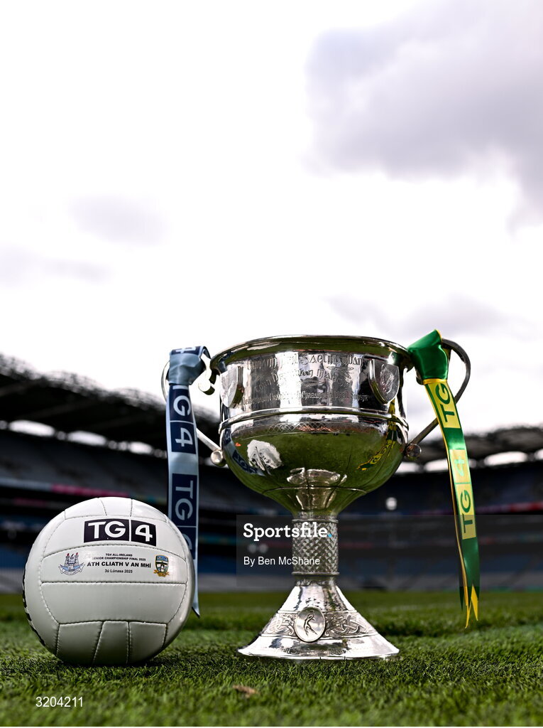 1 August 2025; The Brendan Martin Cup and the official matchday ball for next Sunday’s TG4 All-Ireland Ladies Senior Football Championship Final, pictured at Croke Park, Dublin. Photo by Ben McShane/Sportsfile