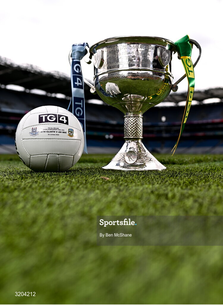 1 August 2025; The Brendan Martin Cup and the official matchday ball for next Sunday’s TG4 All-Ireland Ladies Senior Football Championship Final, pictured at Croke Park, Dublin. Photo by Ben McShane/Sportsfile