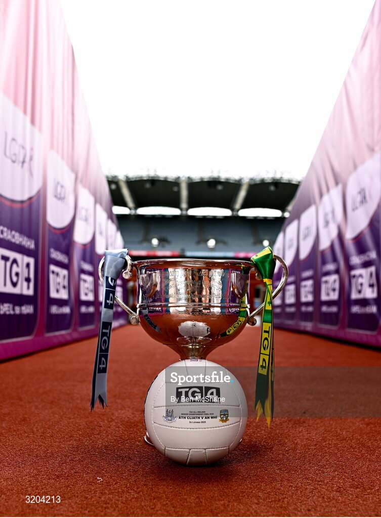 1 August 2025; The Brendan Martin Cup and the official matchday ball for next Sunday’s TG4 All-Ireland Ladies Senior Football Championship Final, pictured at Croke Park, Dublin. Photo by Ben McShane/Sportsfile