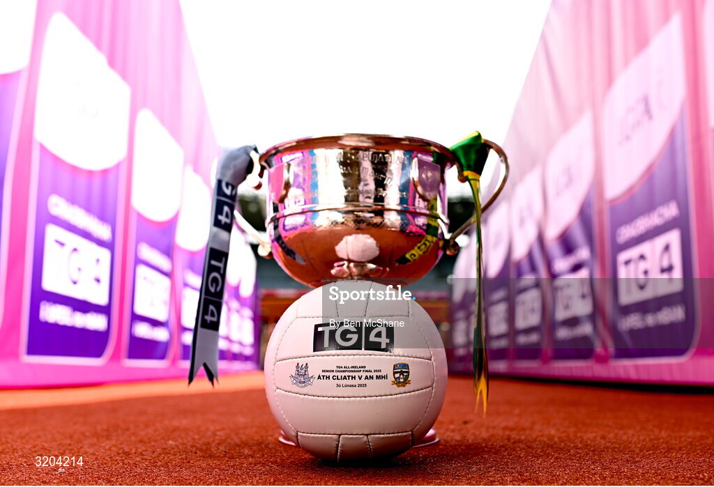 1 August 2025; The Brendan Martin Cup and the official matchday ball for next Sunday’s TG4 All-Ireland Ladies Senior Football Championship Final, pictured at Croke Park, Dublin. Photo by Ben McShane/Sportsfile
