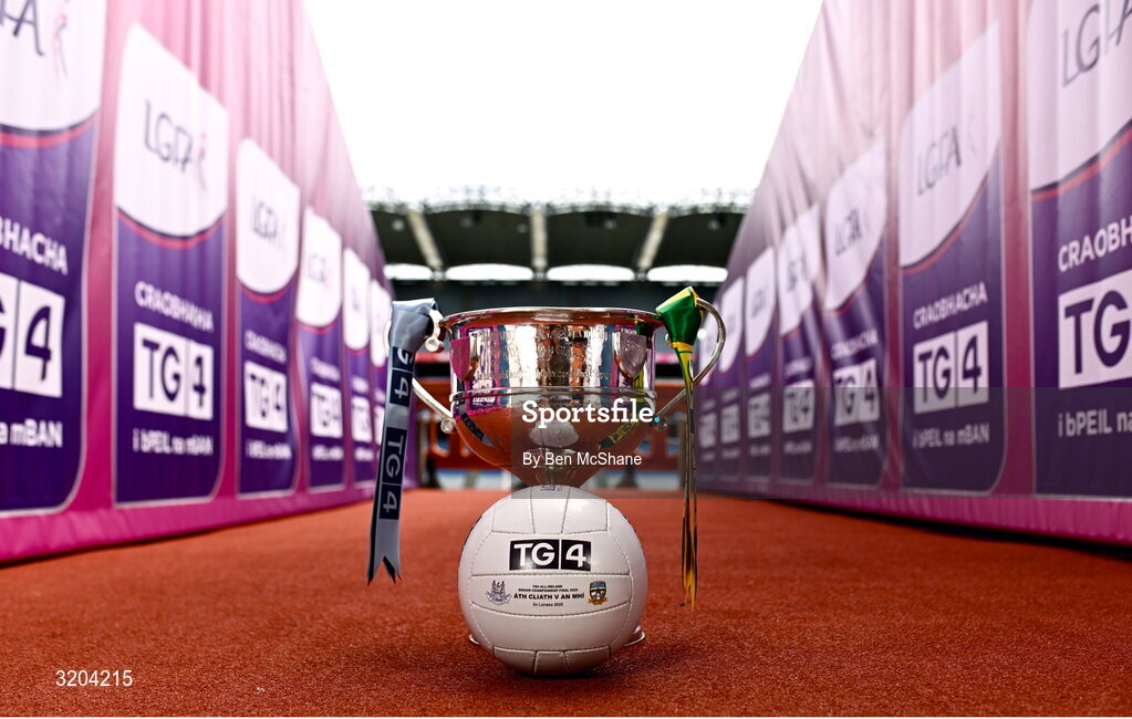 1 August 2025; The Brendan Martin Cup and the official matchday ball for next Sunday’s TG4 All-Ireland Ladies Senior Football Championship Final, pictured at Croke Park, Dublin. Photo by Ben McShane/Sportsfile