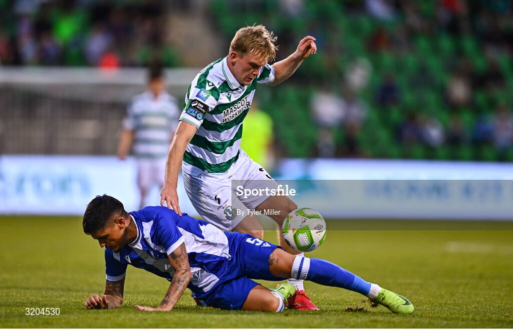 31 July 2025; Michael Noonan of Shamrock Rovers is tackled by Geovanni Barba of St Joseph's during the UEFA Conference League Second Qualifying Round second leg match between Shamrock Rovers and St Joseph's at Tallaght Stadium in Dublin. Photo by Tyler Miller/Sportsfile