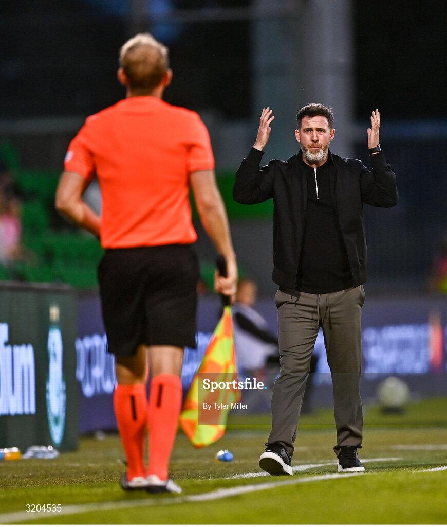 31 July 2025; Shamrock Rovers manager Stephen Bradley protests to assistant referee Marcus Lundgren Klitte during the UEFA Conference League Second Qualifying Round second leg match between Shamrock Rovers and St Joseph's at Tallaght Stadium in Dublin. Photo by Tyler Miller/Sportsfile