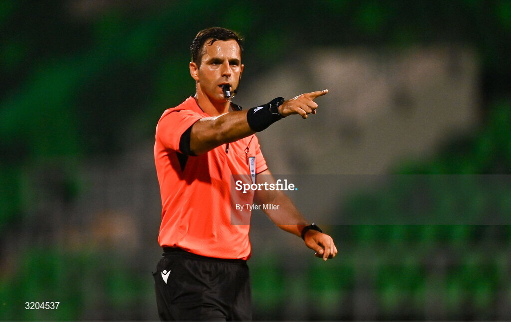 31 July 2025; Referee Granit Maqedonci during the UEFA Conference League Second Qualifying Round second leg match between Shamrock Rovers and St Joseph's at Tallaght Stadium in Dublin. Photo by Tyler Miller/Sportsfile