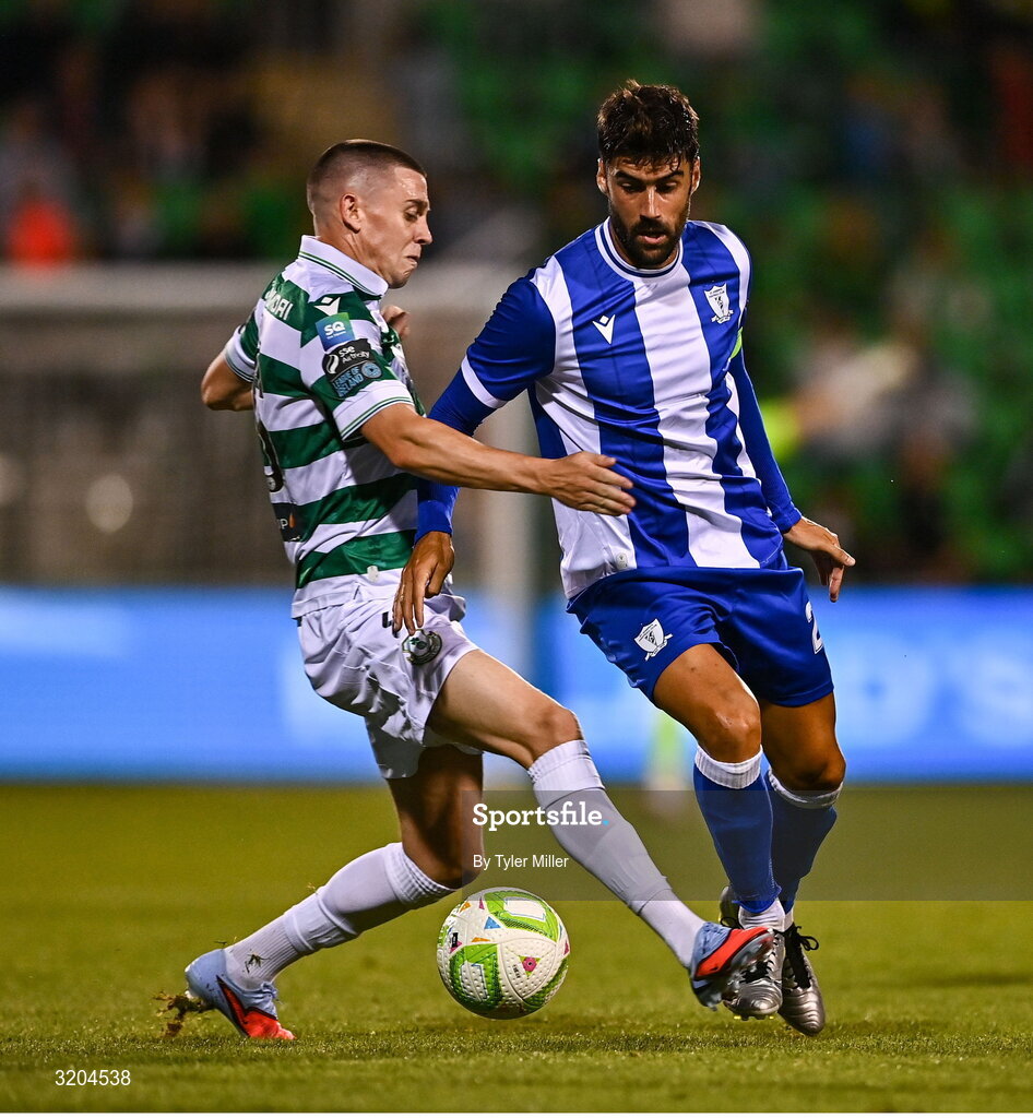 31 July 2025; Juanma of St Joseph's is tackled by Gary O'Neill of Shamrock Rovers during the UEFA Conference League Second Qualifying Round second leg match between Shamrock Rovers and St Joseph's at Tallaght Stadium in Dublin. Photo by Tyler Miller/Sportsfile