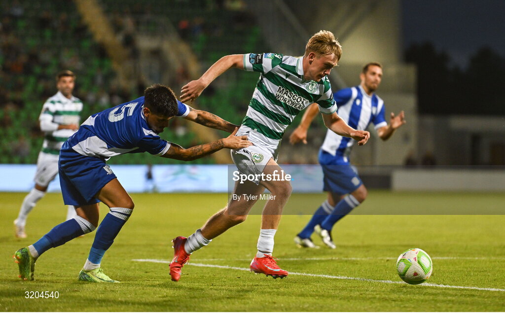31 July 2025; Michael Noonan of Shamrock Rovers breaks clear from Geovanni Barba of St Joseph's during the UEFA Conference League Second Qualifying Round second leg match between Shamrock Rovers and St Joseph's at Tallaght Stadium in Dublin. Photo by Tyler Miller/Sportsfile