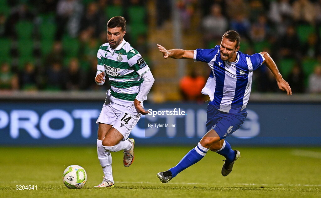 31 July 2025; Danny Mandroiu of Shamrock Rovers in action against Manuel Sánchez of St Joseph's during the UEFA Conference League Second Qualifying Round second leg match between Shamrock Rovers and St Joseph's at Tallaght Stadium in Dublin. Photo by Tyler Miller/Sportsfile